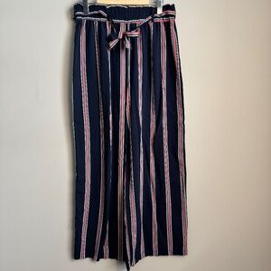 Urbanology Women's L Striped‎ Boardwalk Lightweight Rayon Pants Wide Leg Navy
